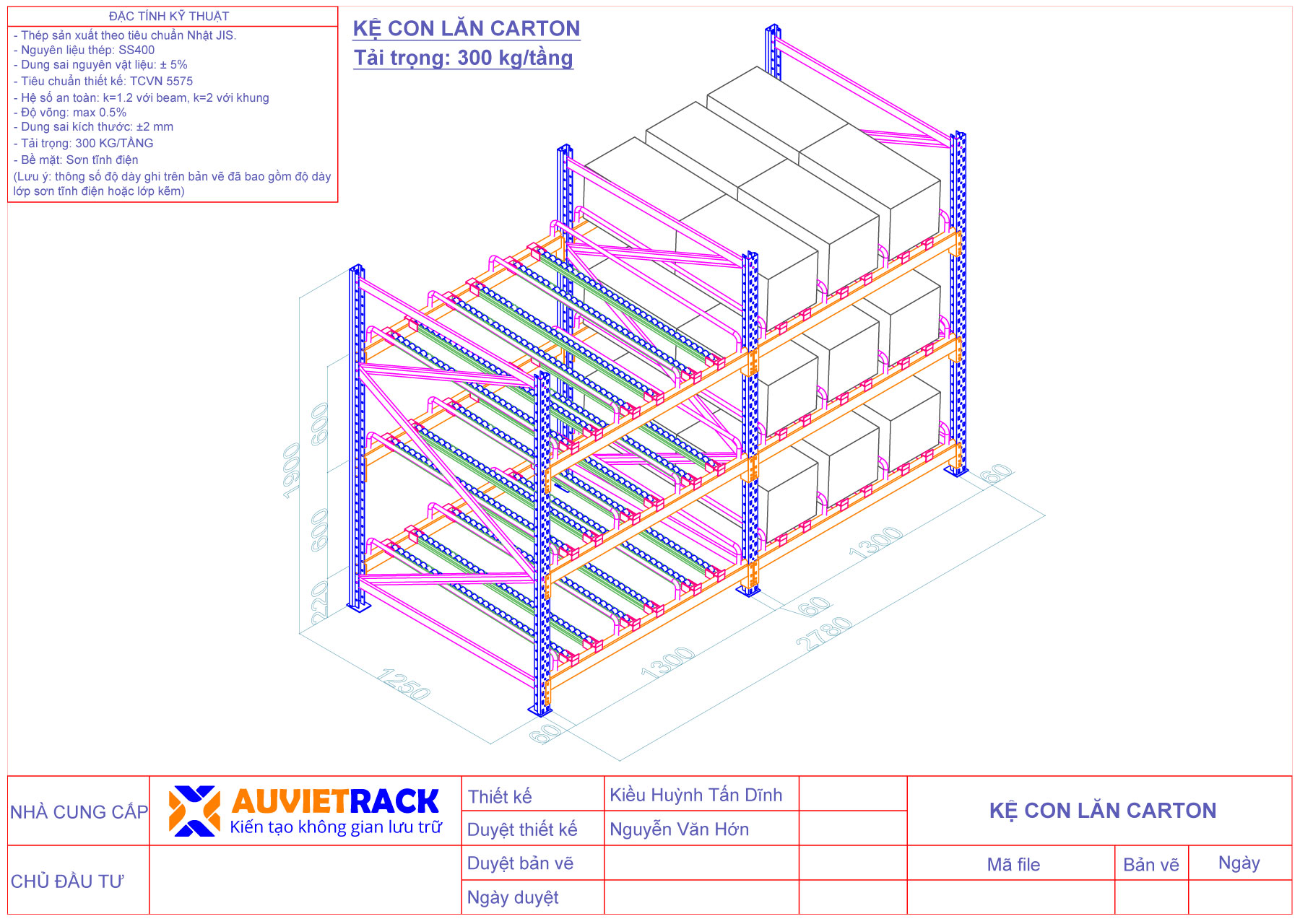 Bảng vẽ 3D kệ Con Lăn Carton - Canrto flow rack