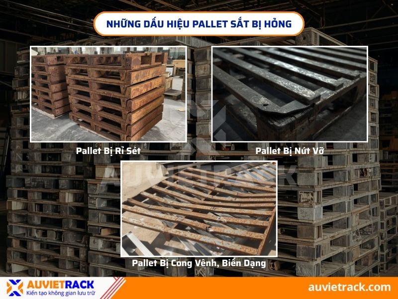  Pallet sắt rất bền nhưng vẫn c&oacute; thể xảy ra t&igrave;nh trạng hư hỏng, cong v&ecirc;nh